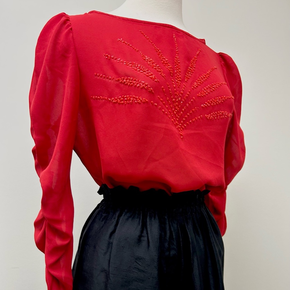 Sheer puff sleeve beaded blouse